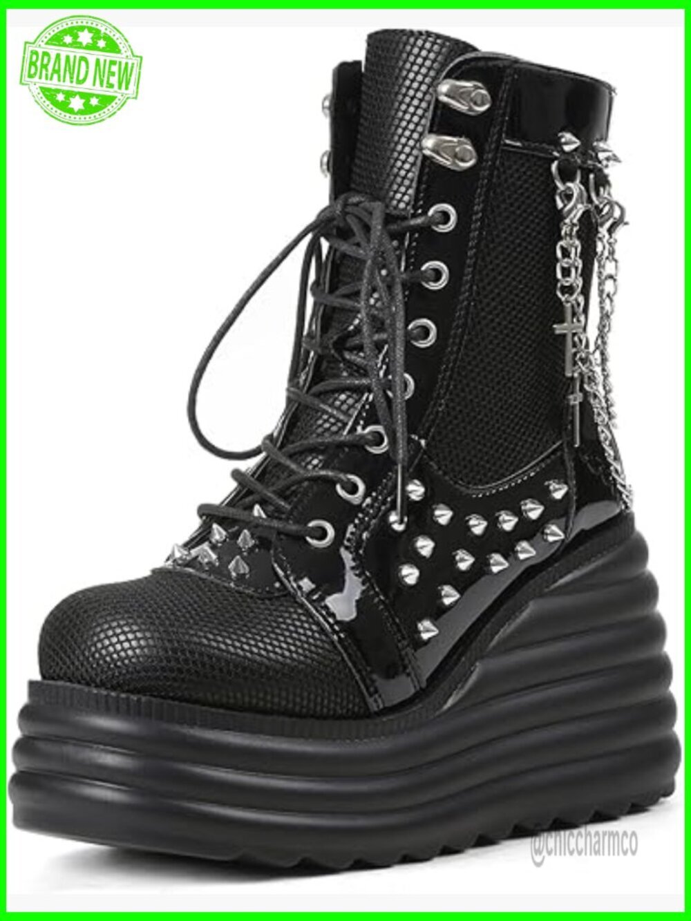 Women's Gothic Ankle Boots Platform Combat Boots with Punk Chains & Studs Lace